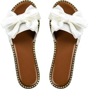 Women's White Brown Bow Knot Slides Open Toe Flat Summer Sandals Slippers Shoes
